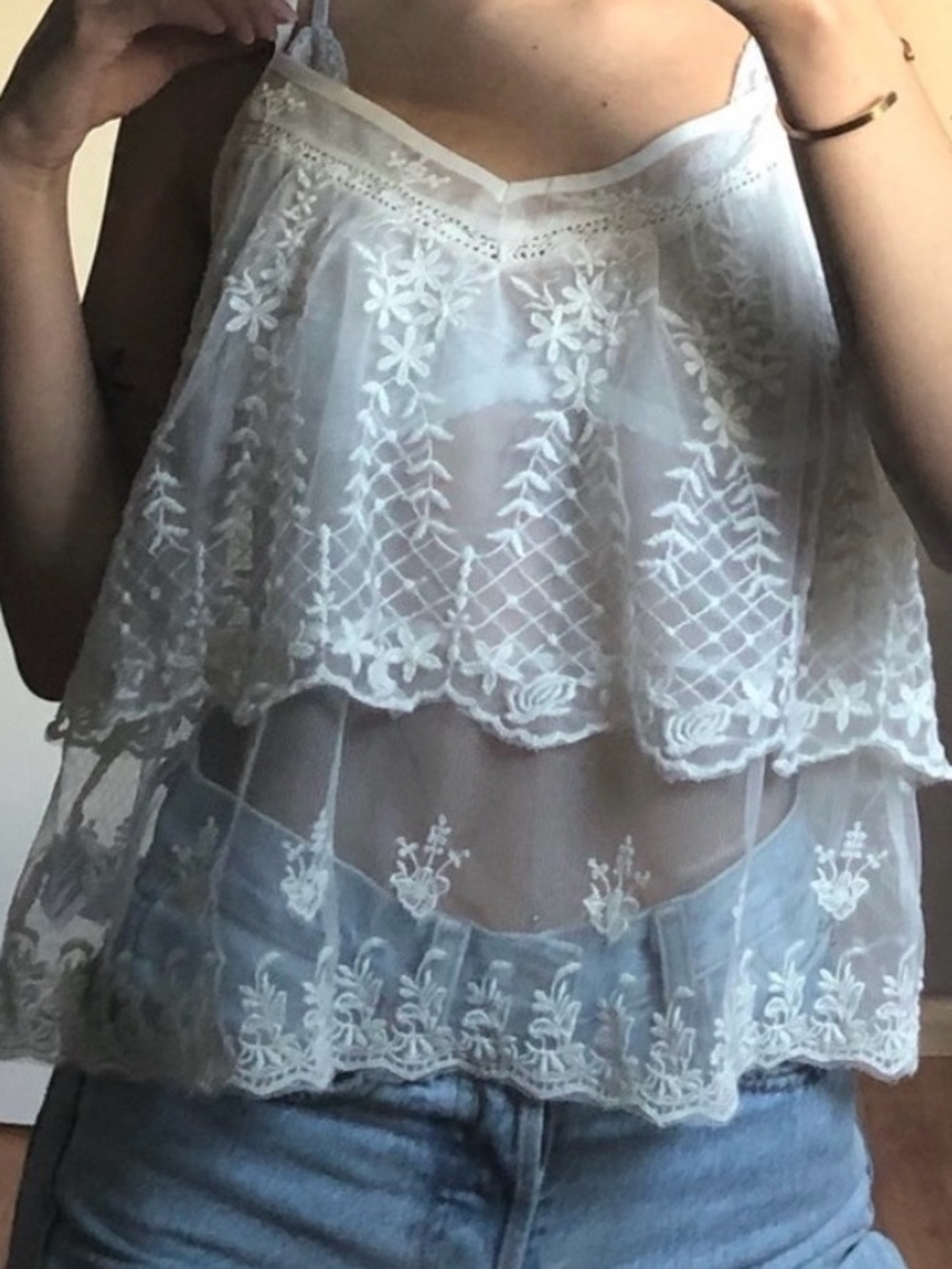American Eagle Cream Lace Embroidered Cami Tank Top Size M Boho Festival